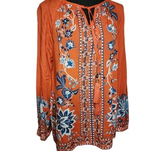 Chicos Embellished Blooms Pullover Top in Orange Spice Sz 0/Sm